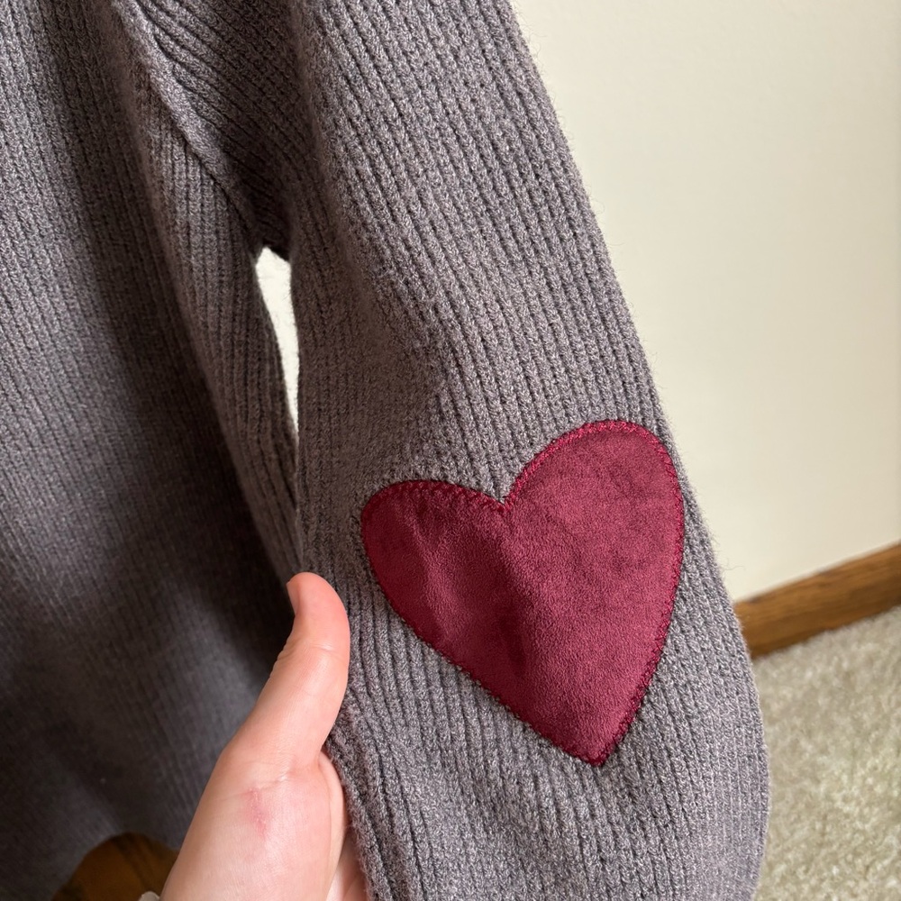 Modcloth Size X-Small Brown Heart Elbow Patch Mock-Neck Grey Long Sleeve Sweater - Picture 5 of 7